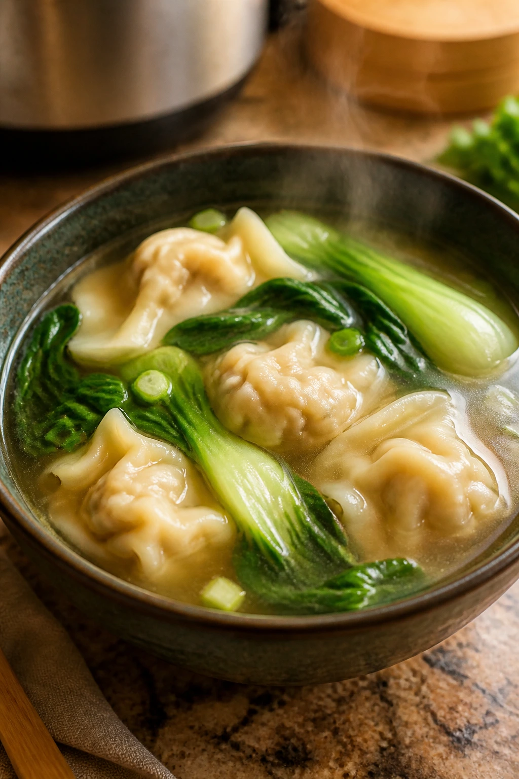 Close-up of wonton soup with bok choy