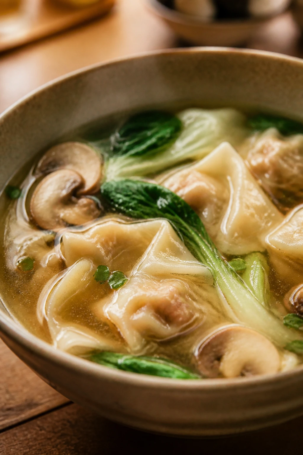Close-up of a steaming wonton soup bowl with broth, wontons, bok choy and mushrooms