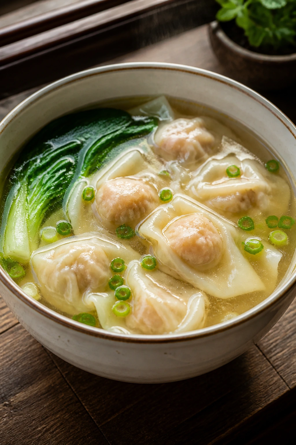Close-up bowl of wonton soup with translucent dumplings in clear broth