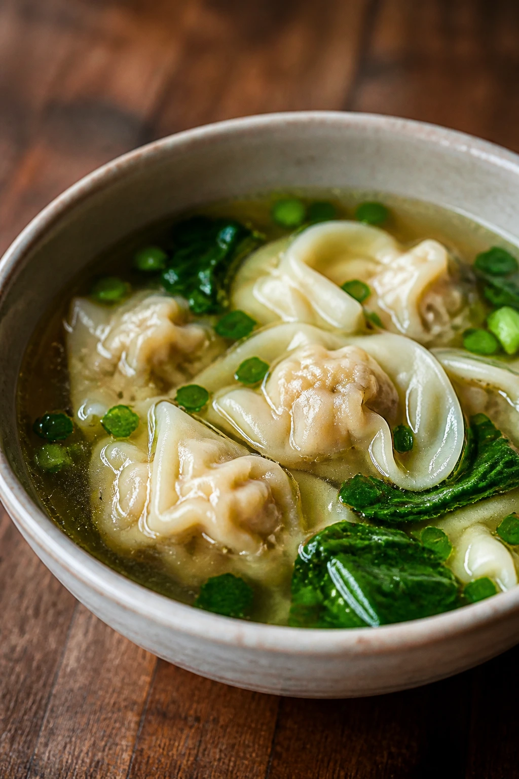 Close-up of wonton soup with plump wontons in clear broth