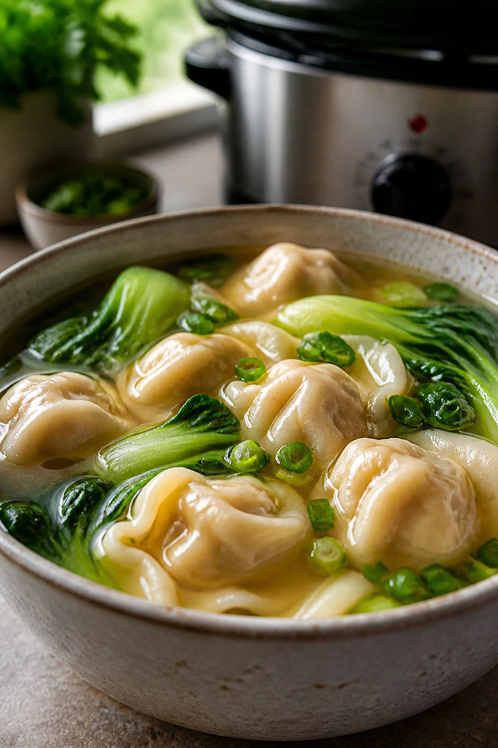 Close-up of Crockpot Wonton Soup with wontons and bok choy in broth