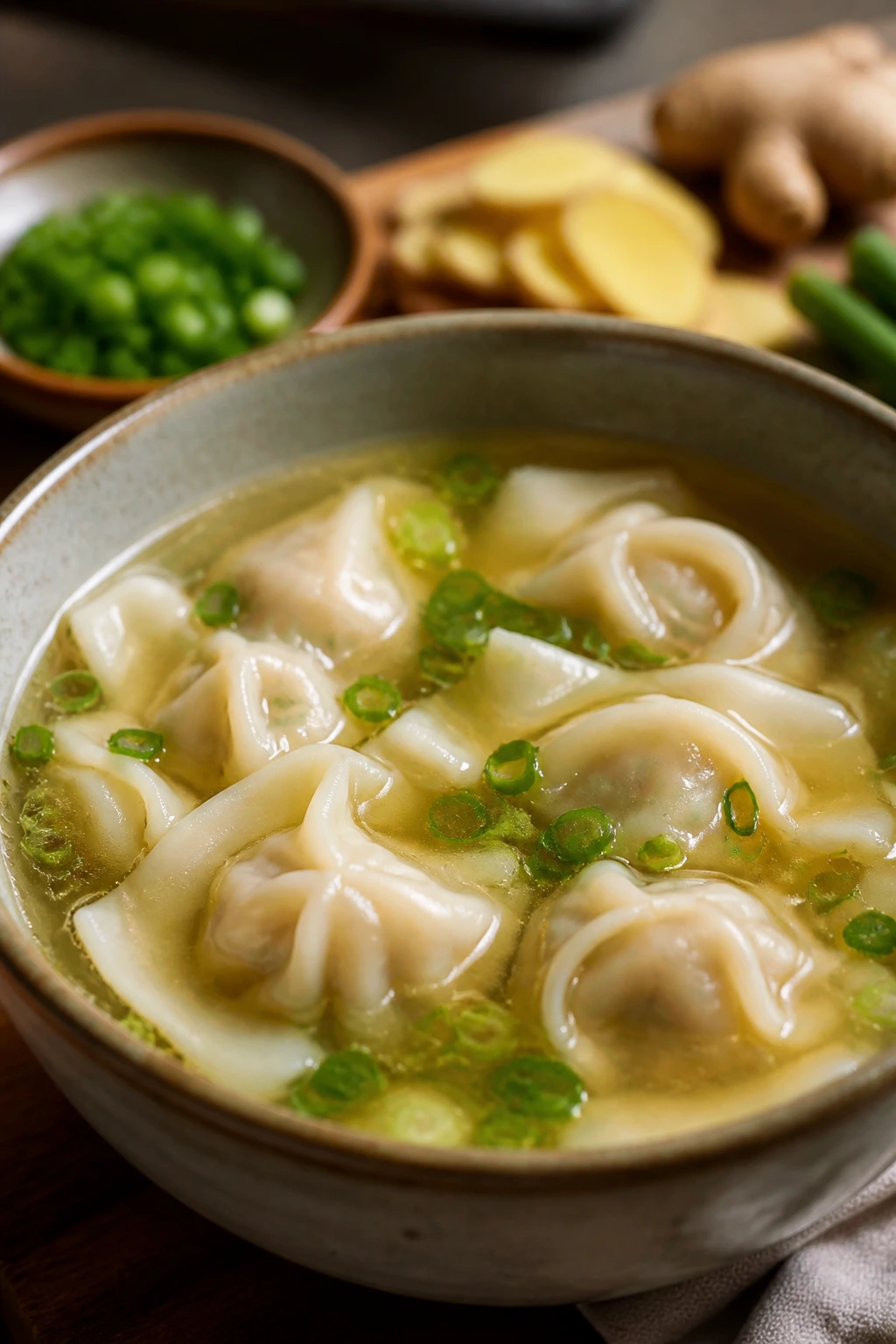 Steaming bowl of wonton soup with floating wontons