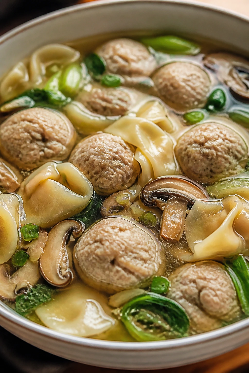 Close-up of Wonton Soup with Pork Meatballs in a clear broth