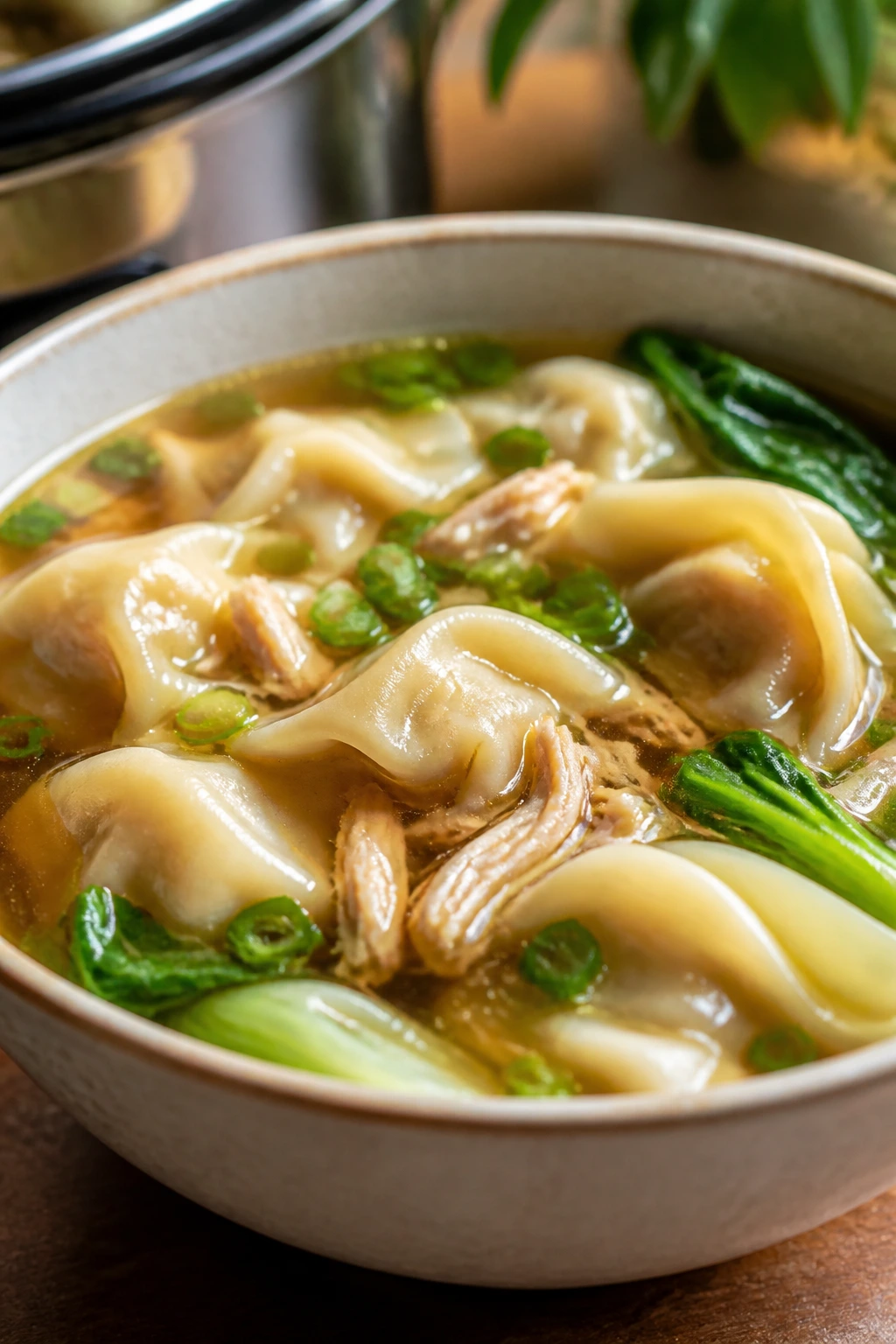 Steaming chicken wonton soup with wontons in clear broth