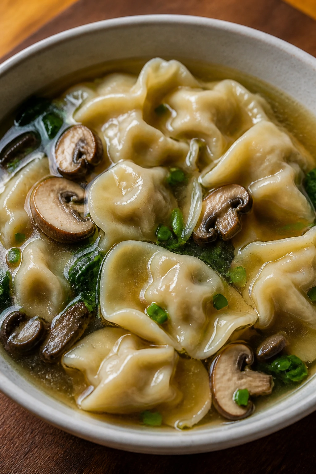 Steaming bowl of wonton soup with wontons and mushrooms
