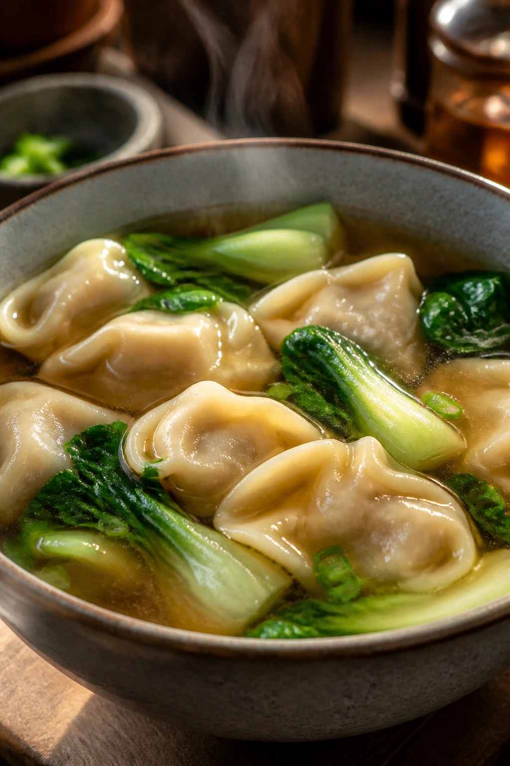 Wonton Soup with wontons and bok choy in clear broth