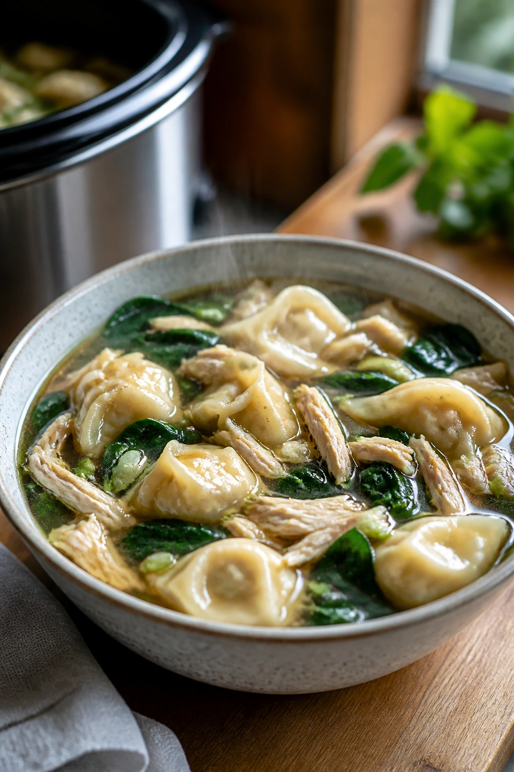 Close-up of a steaming bowl of wonton soup with chicken and spinach in a ginger-garlic broth