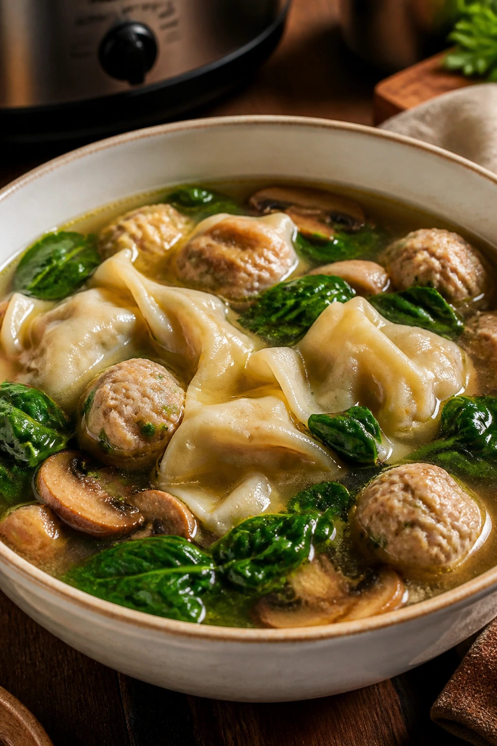 Close-up of Wonton Soup with Turkey Meatballs and Spinach in a bowl