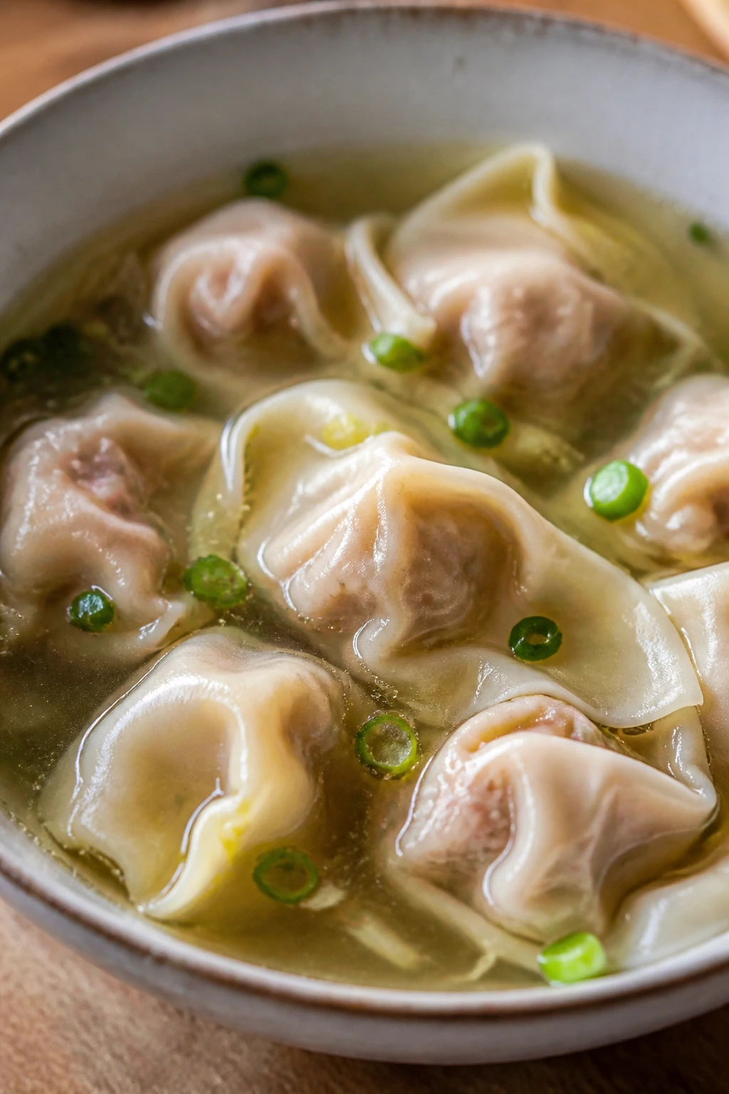Wontons in clear broth in a bowl with scallions