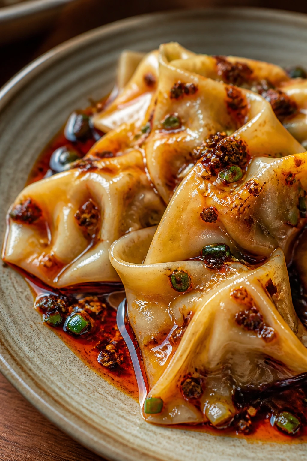Close-up of chili oil wontons on rustic plate