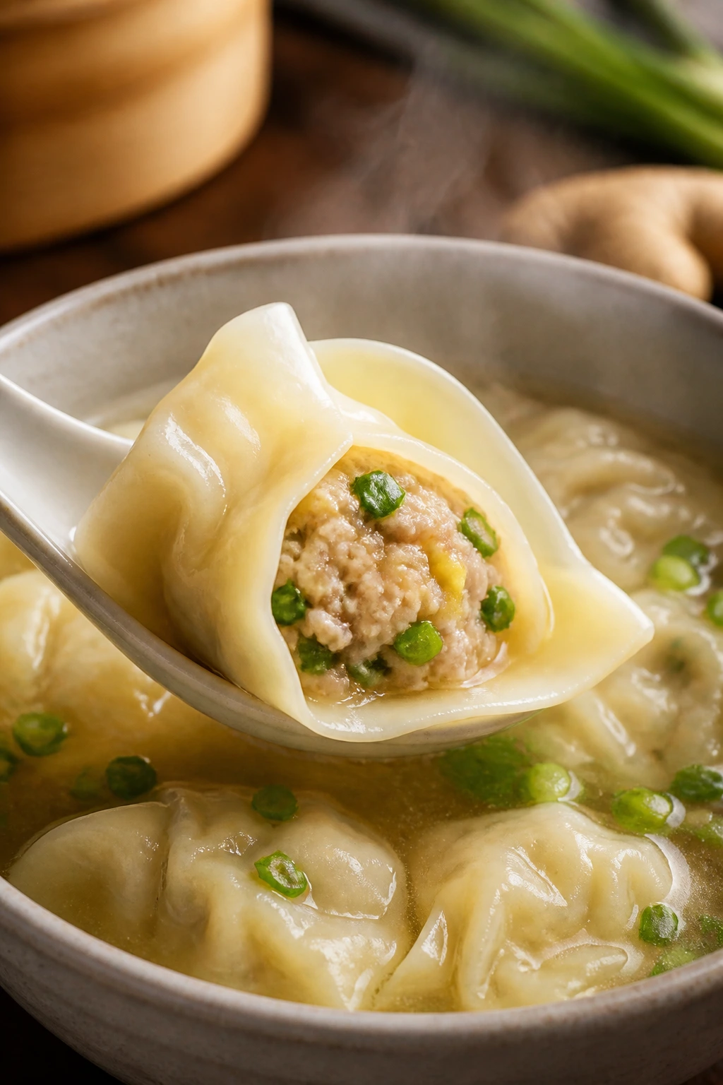 Wonton in clear broth with ginger and scallion filling