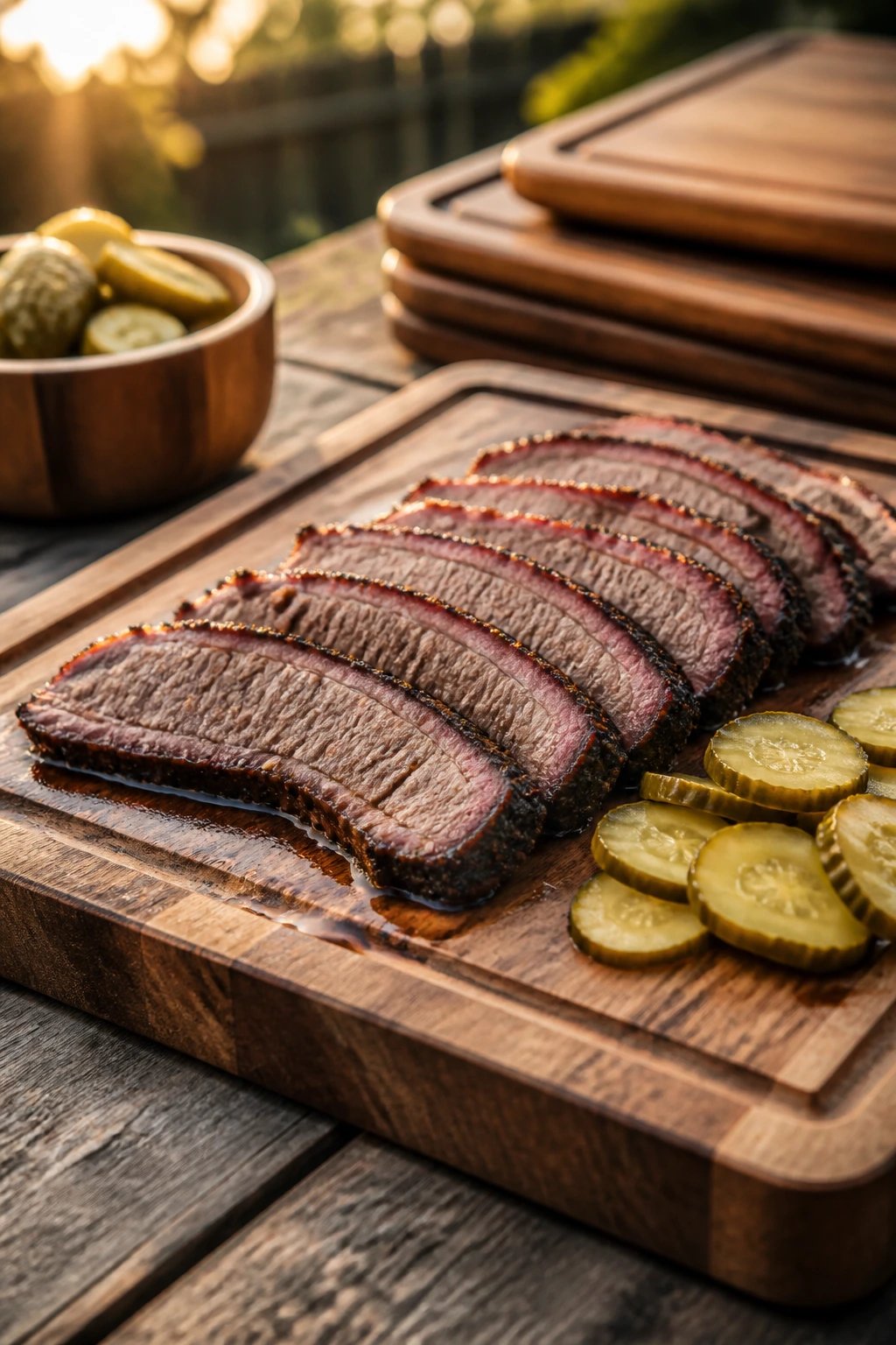 Wood serving board with brisket and pickles on a backyard table