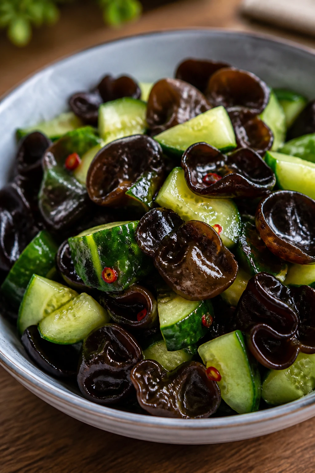 Wood ear mushroom and cucumber salad in a bowl