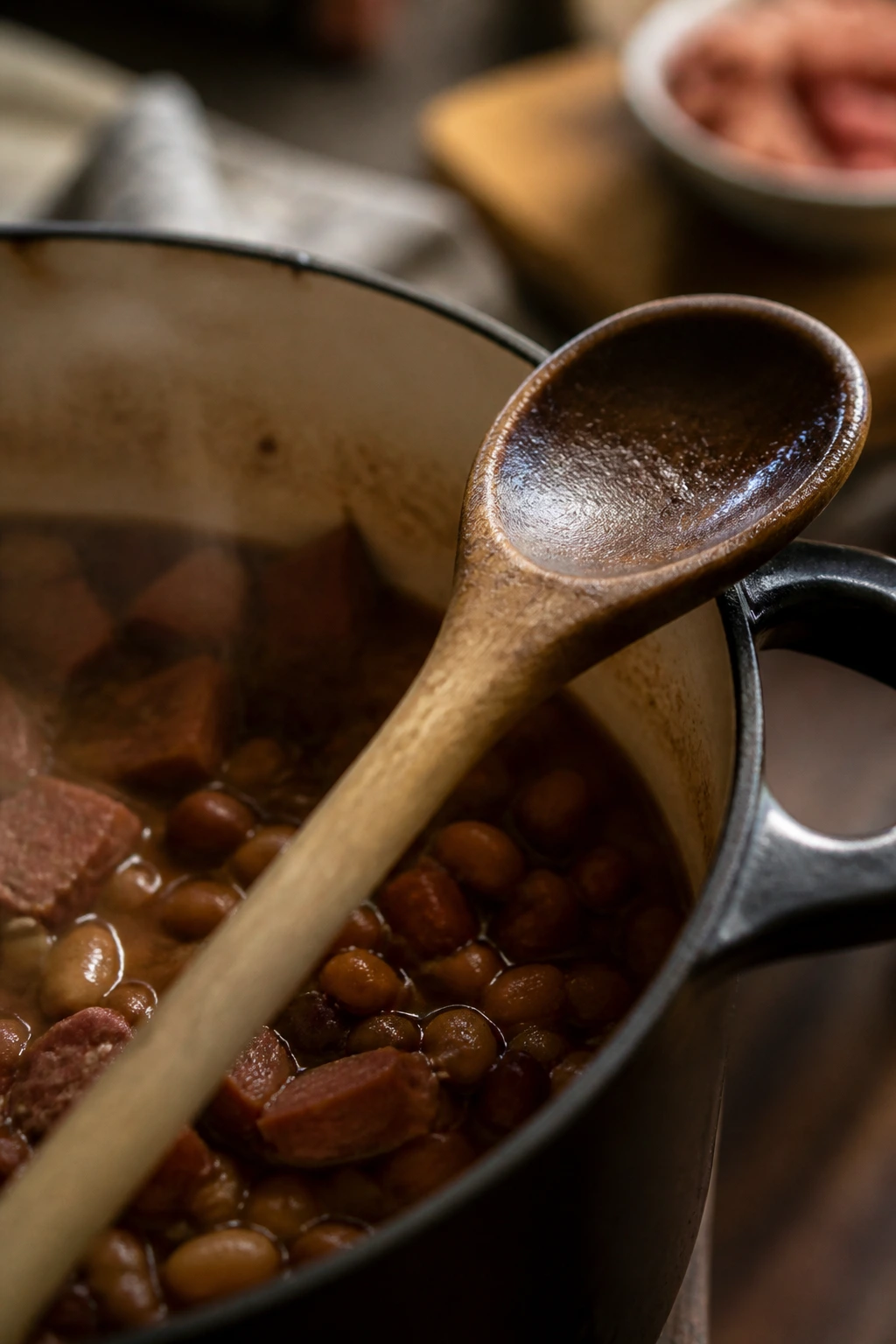 Wooden spoon resting on Dutch oven rim in kitchen