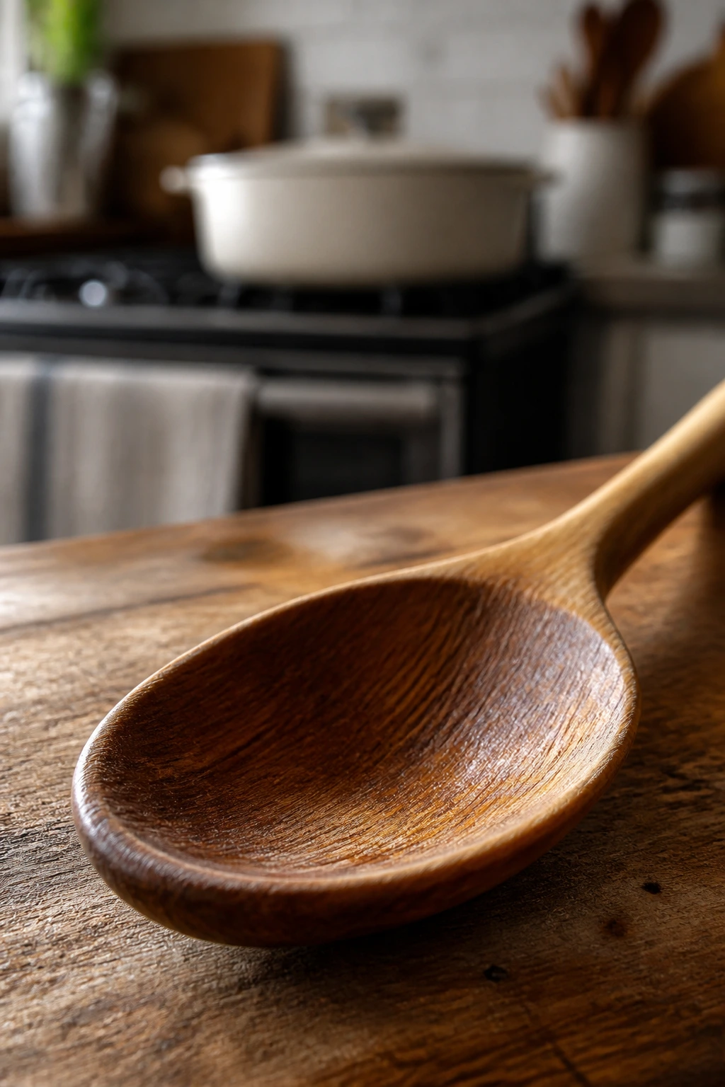 Close-up of a heavy wooden spoon on a cutting board.