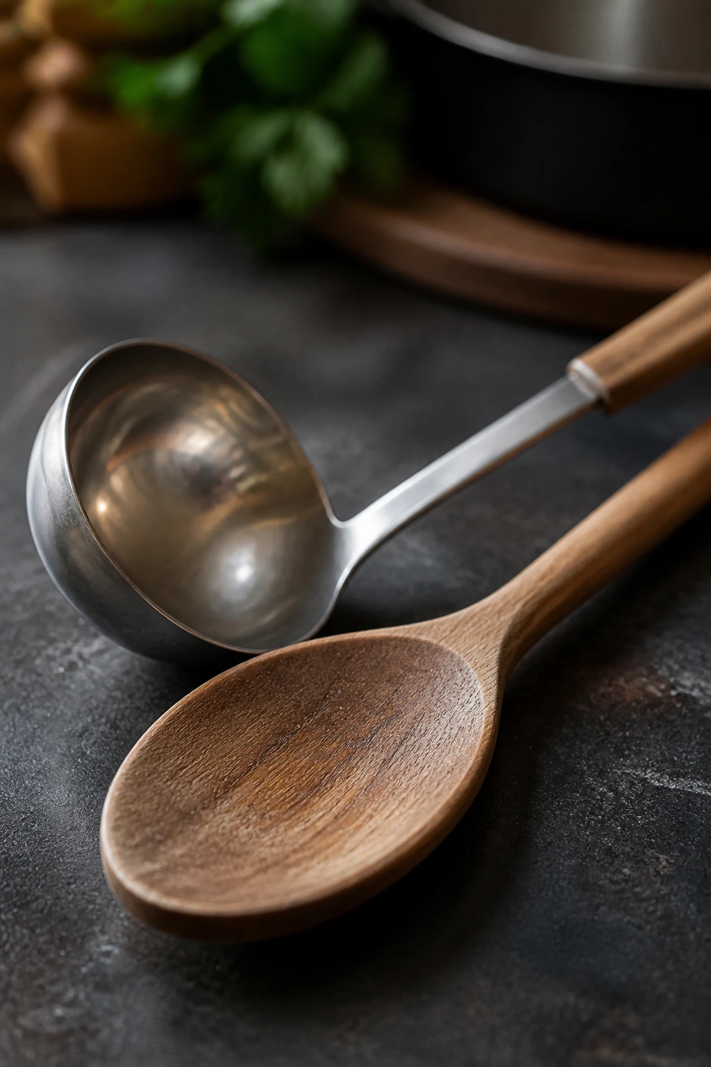 Wooden spoon and ladle resting on a kitchen counter