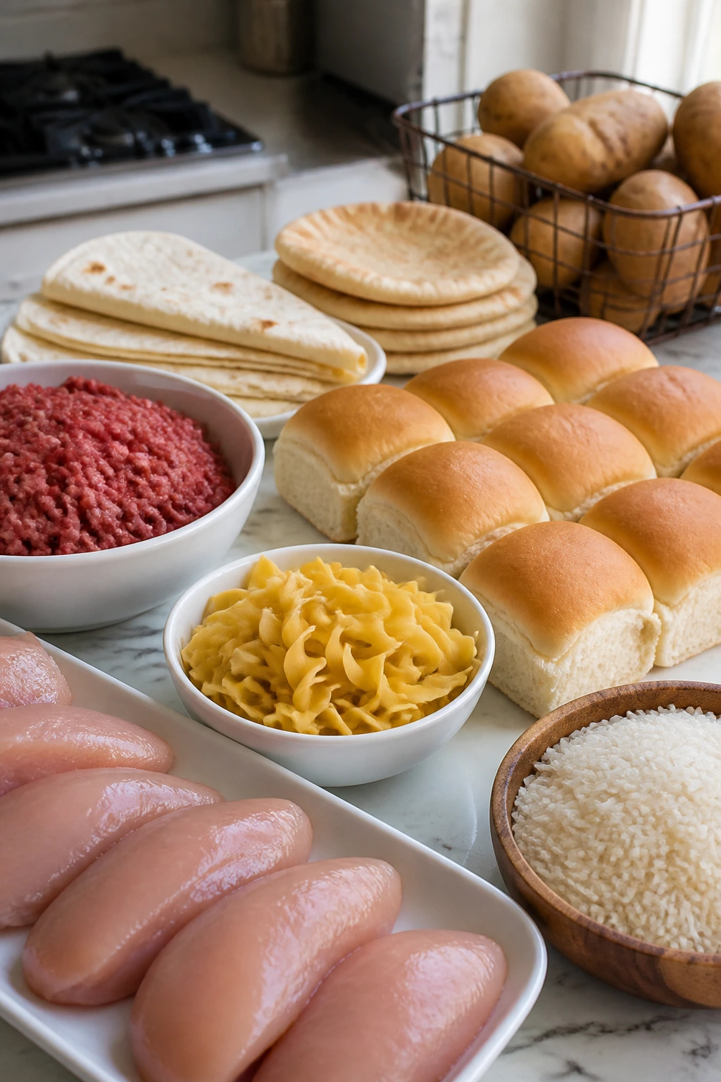 Lineup of familiar ingredients like chicken tenders, ground beef, buns, noodles, tortillas, rice, and potatoes.