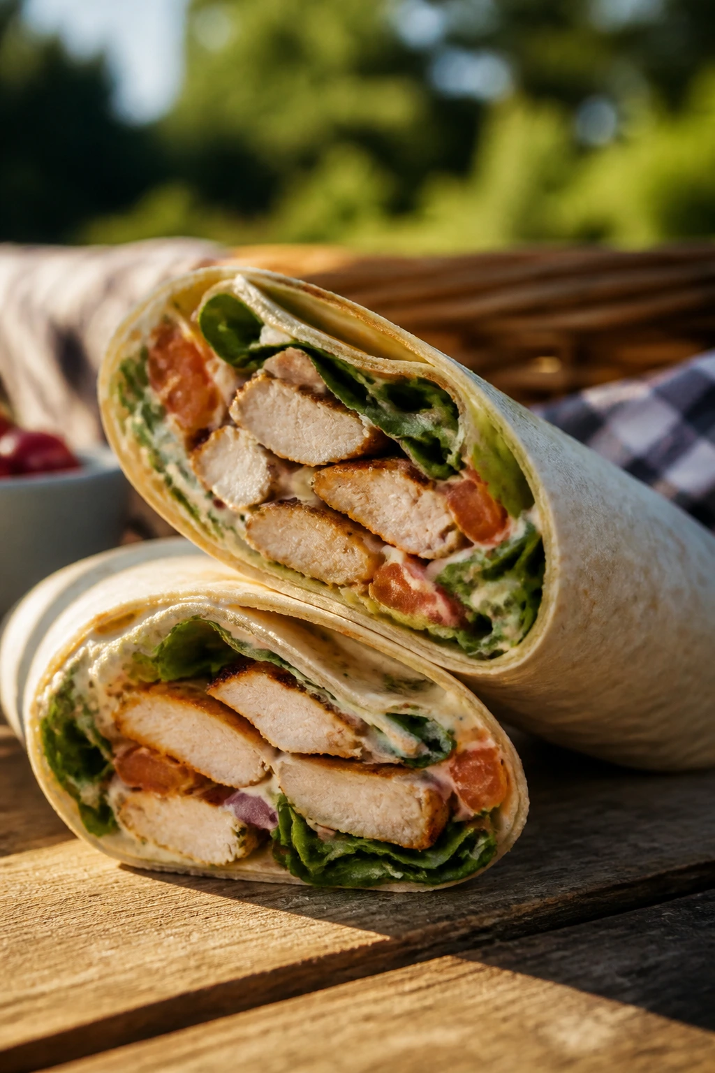 Close-up of a diagonally cut wrap with visible filling on a rustic picnic table outdoors