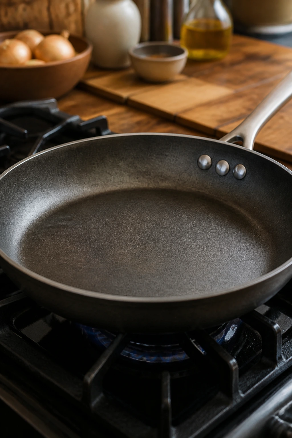 Close-up of a large skillet as essential wrap equipment in a warm kitchen