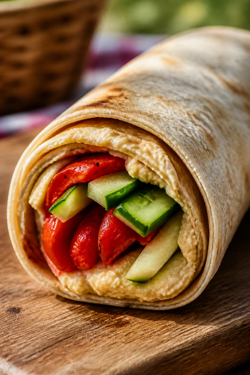 Close-up of hummus cucumber roasted pepper wrap on wooden board outdoors