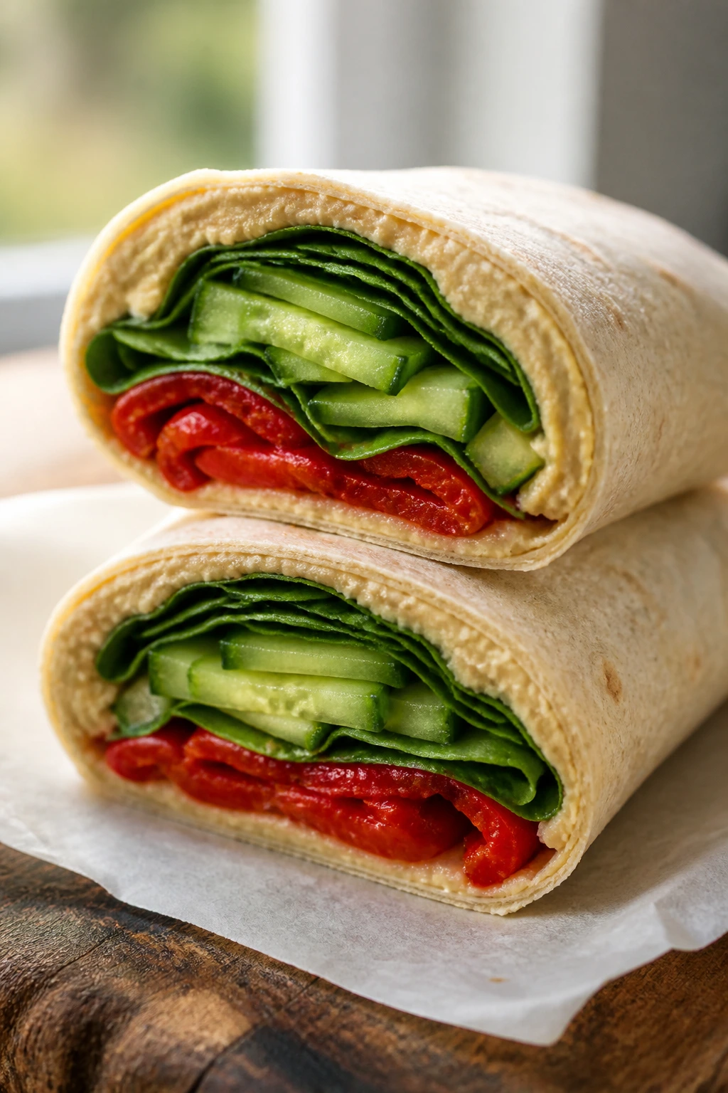 Close-up of half-cut hummus and veggie wrap on wooden board