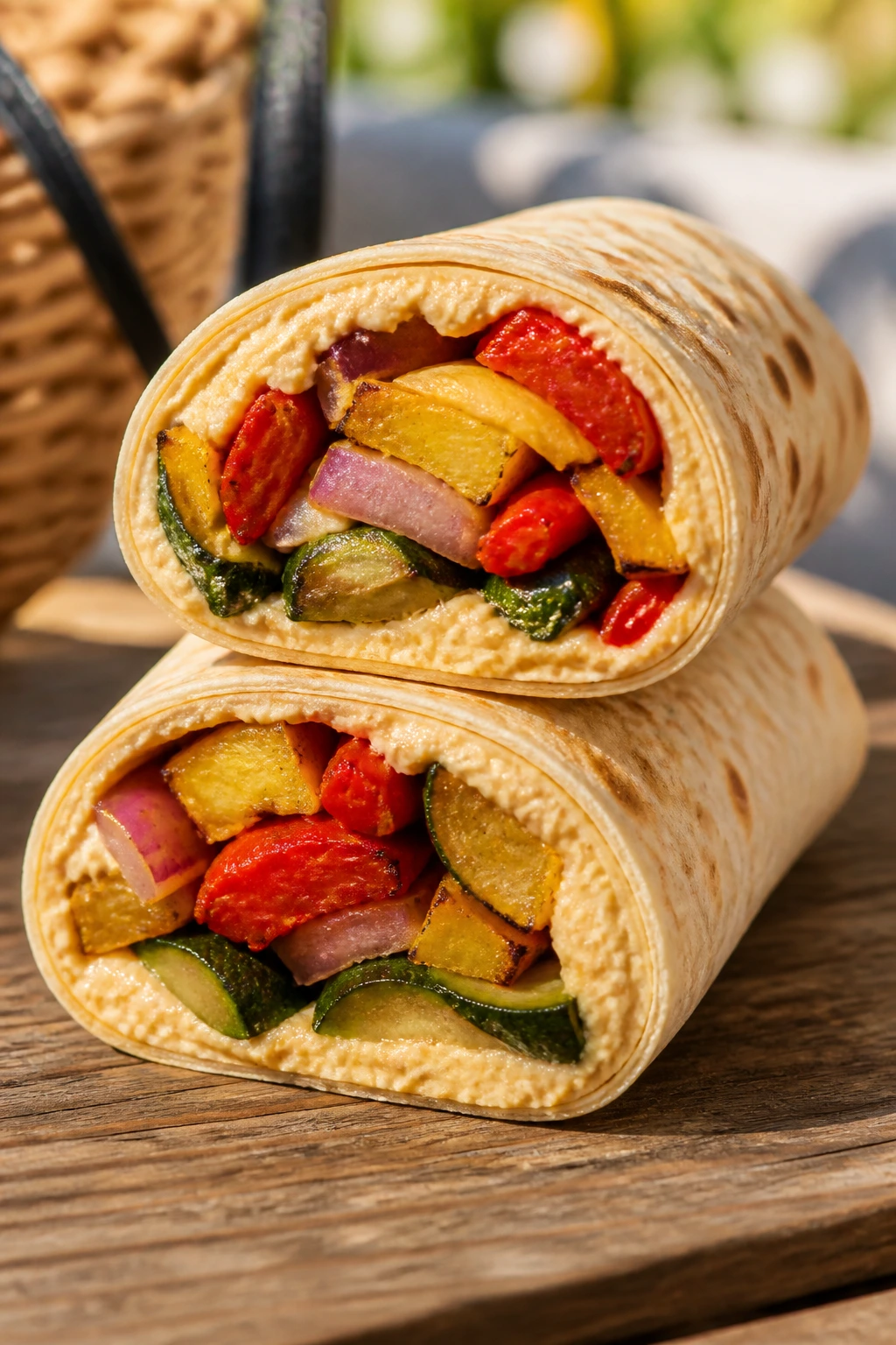 Close-up of a hummus and roasted veggie wrap sliced to reveal filling on a rustic picnic table