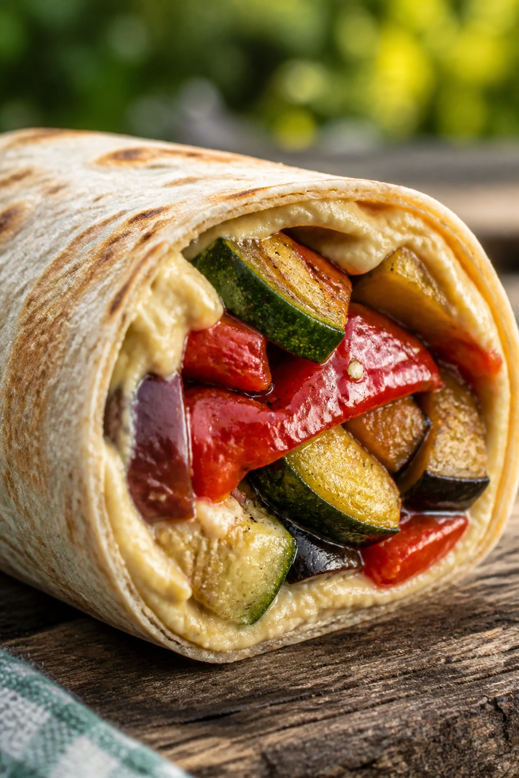 Close-up of a hummus and roasted vegetable wrap on a rustic picnic table