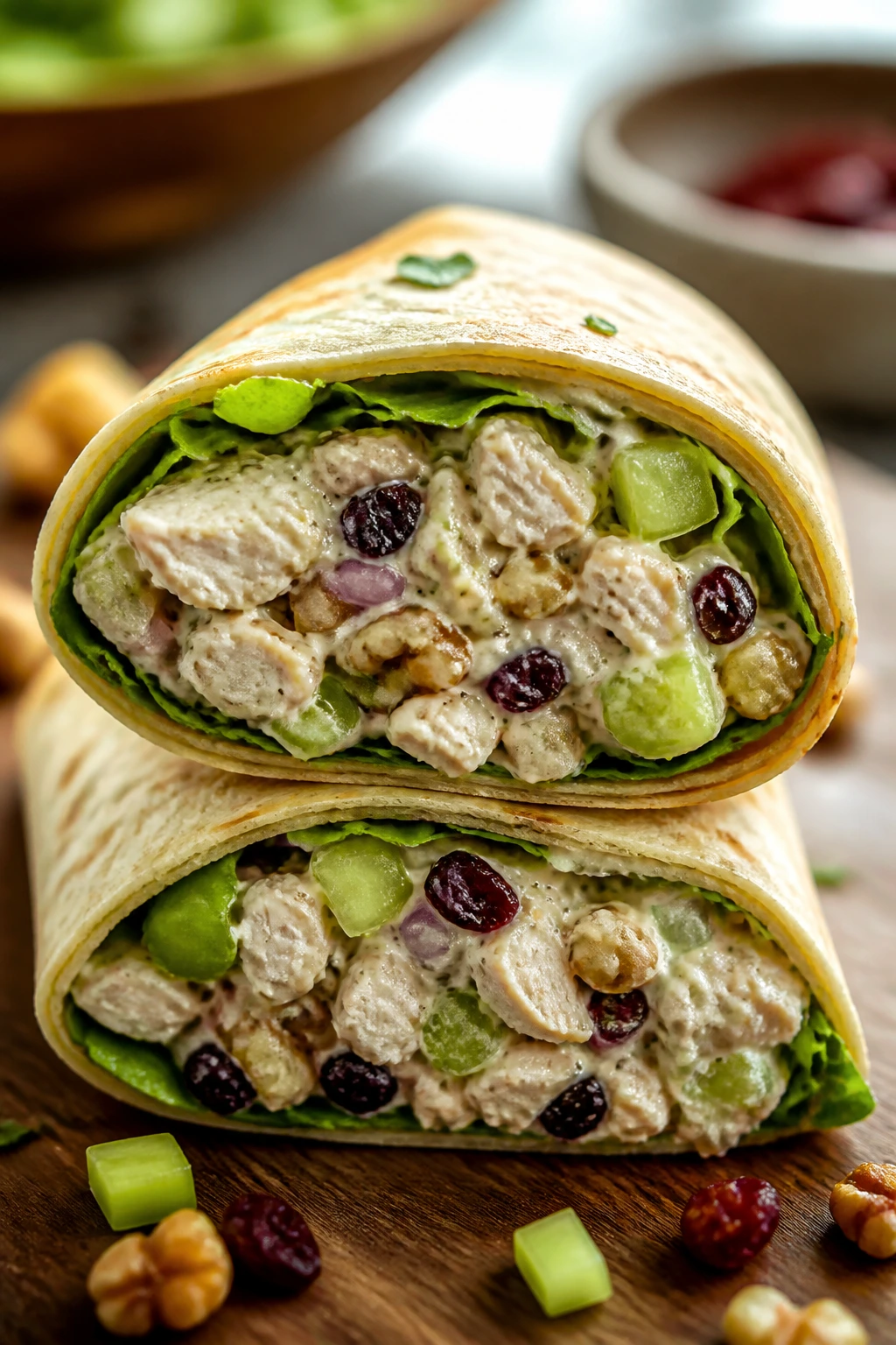 Close-up showing chicken with celery, apple and nuts in wrap filling