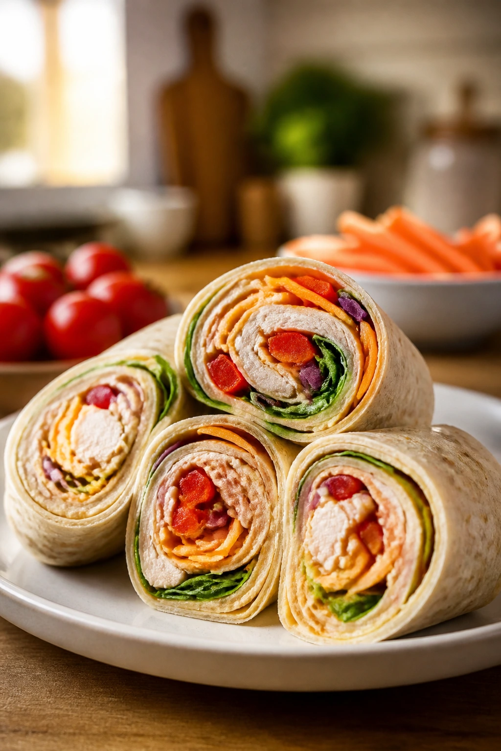 Wrap pinwheels with colorful fillings arranged on a plate.