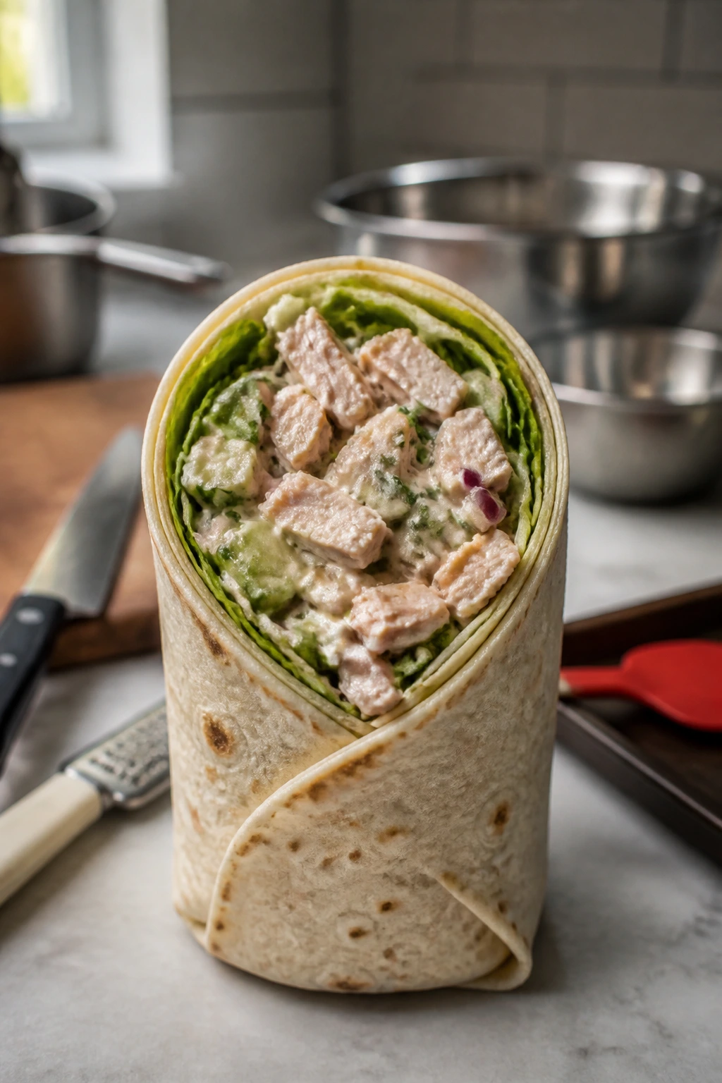 Wrapped chicken salad wrap standing upright on kitchen counter