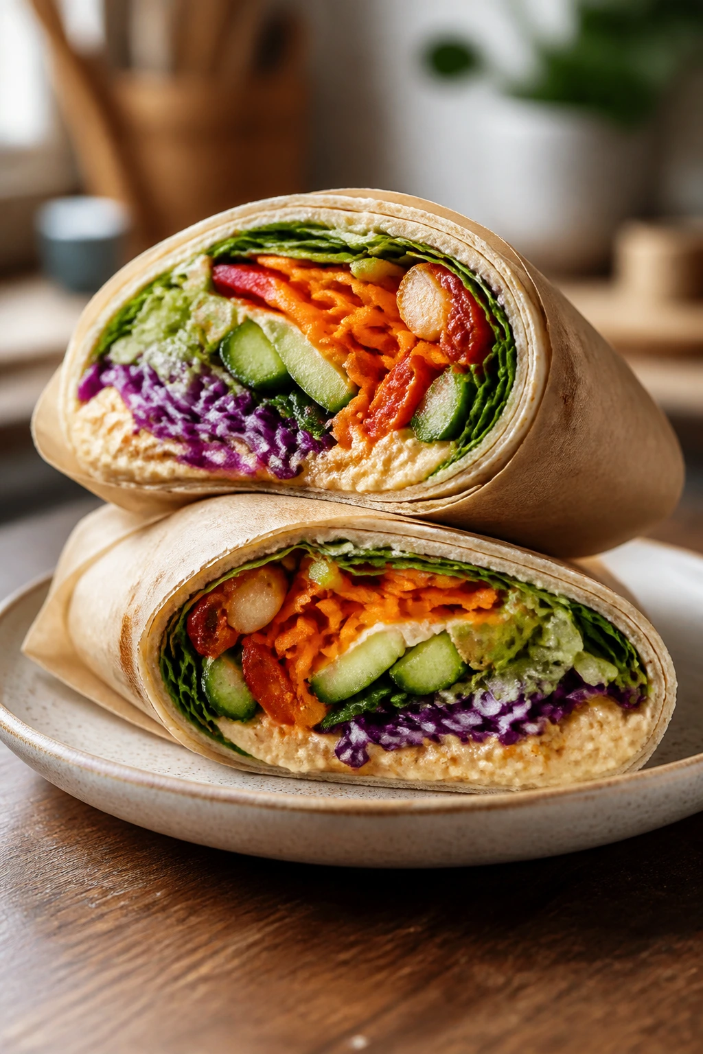 Diagonal-sliced wrap showing colorful layered filling on a plate
