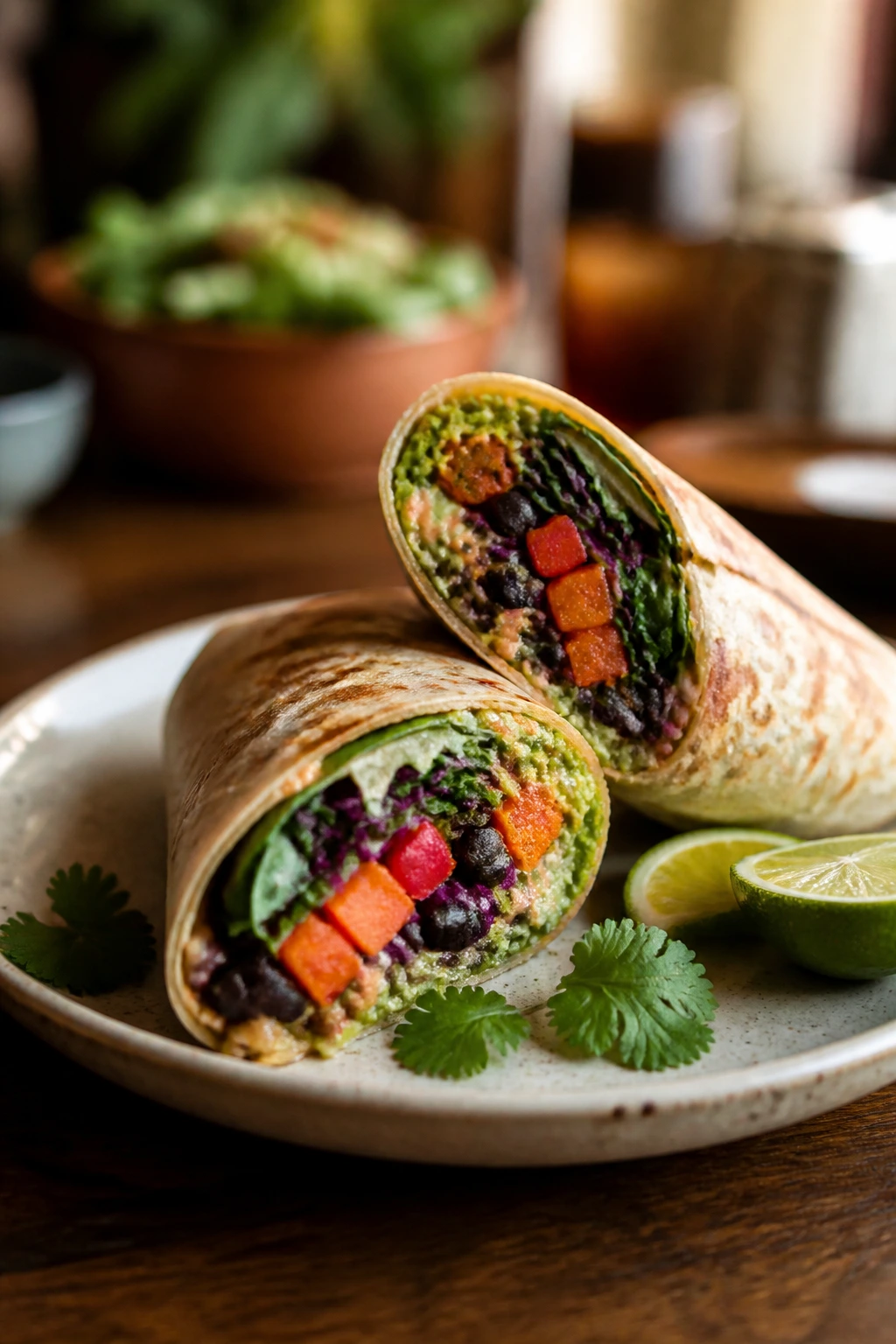 Diagonally sliced wrap on a plate showing filling
