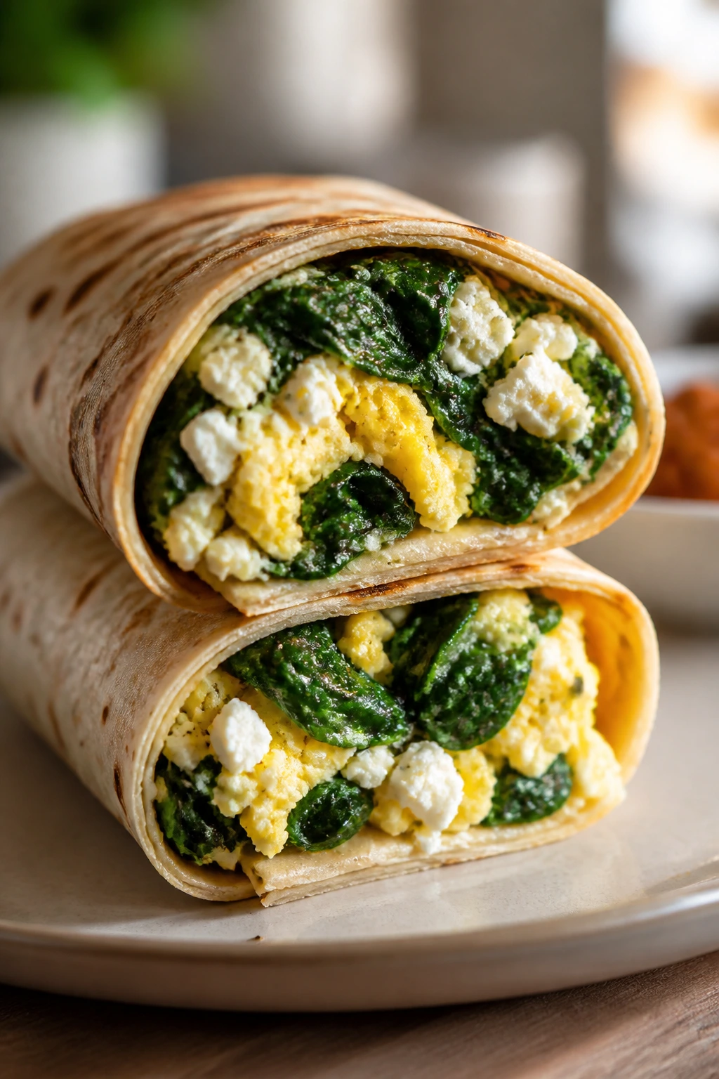 Cross-section spinach feta breakfast wrap on plate