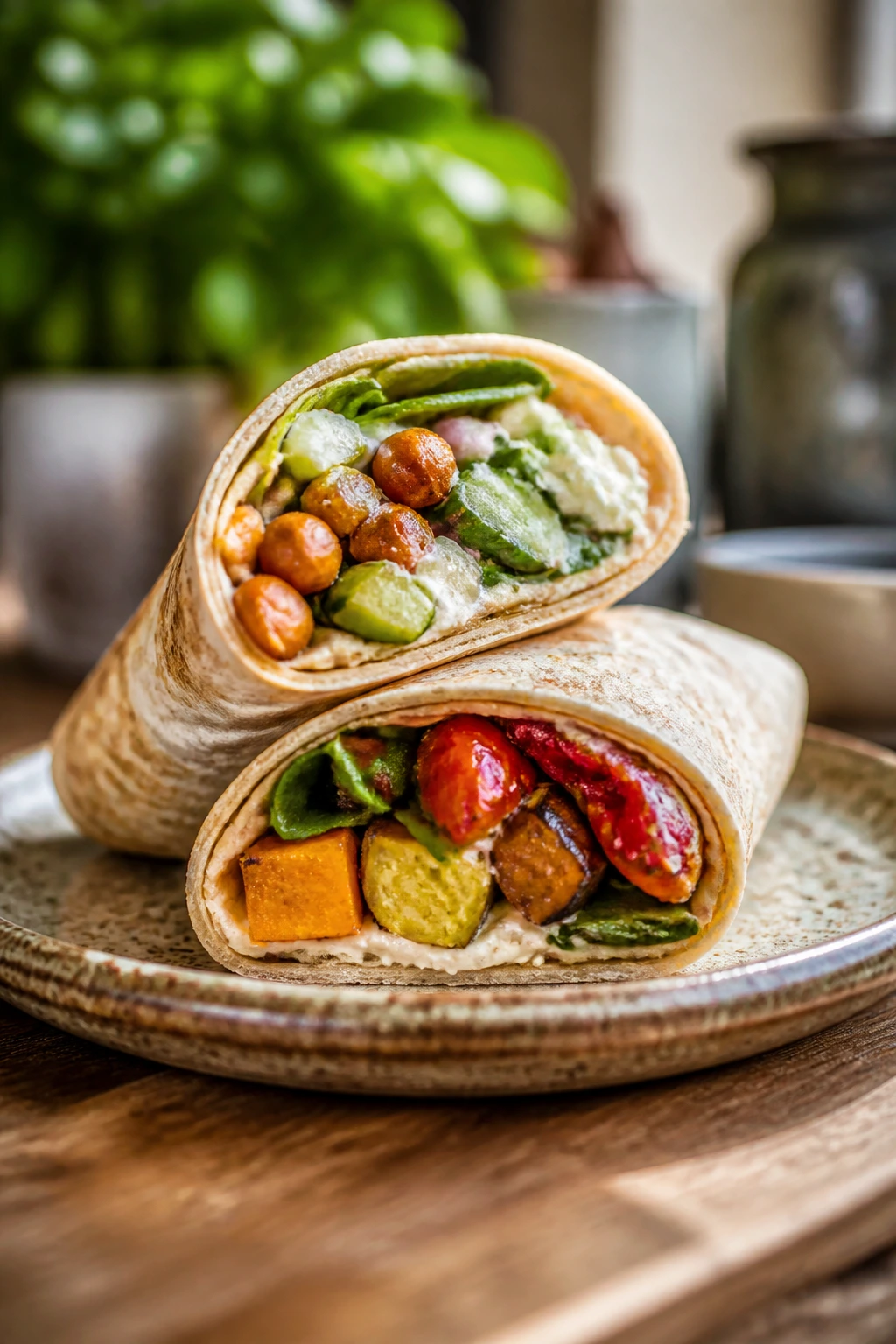 Vegetarian wrap cut in half showing two fillings on a rustic plate