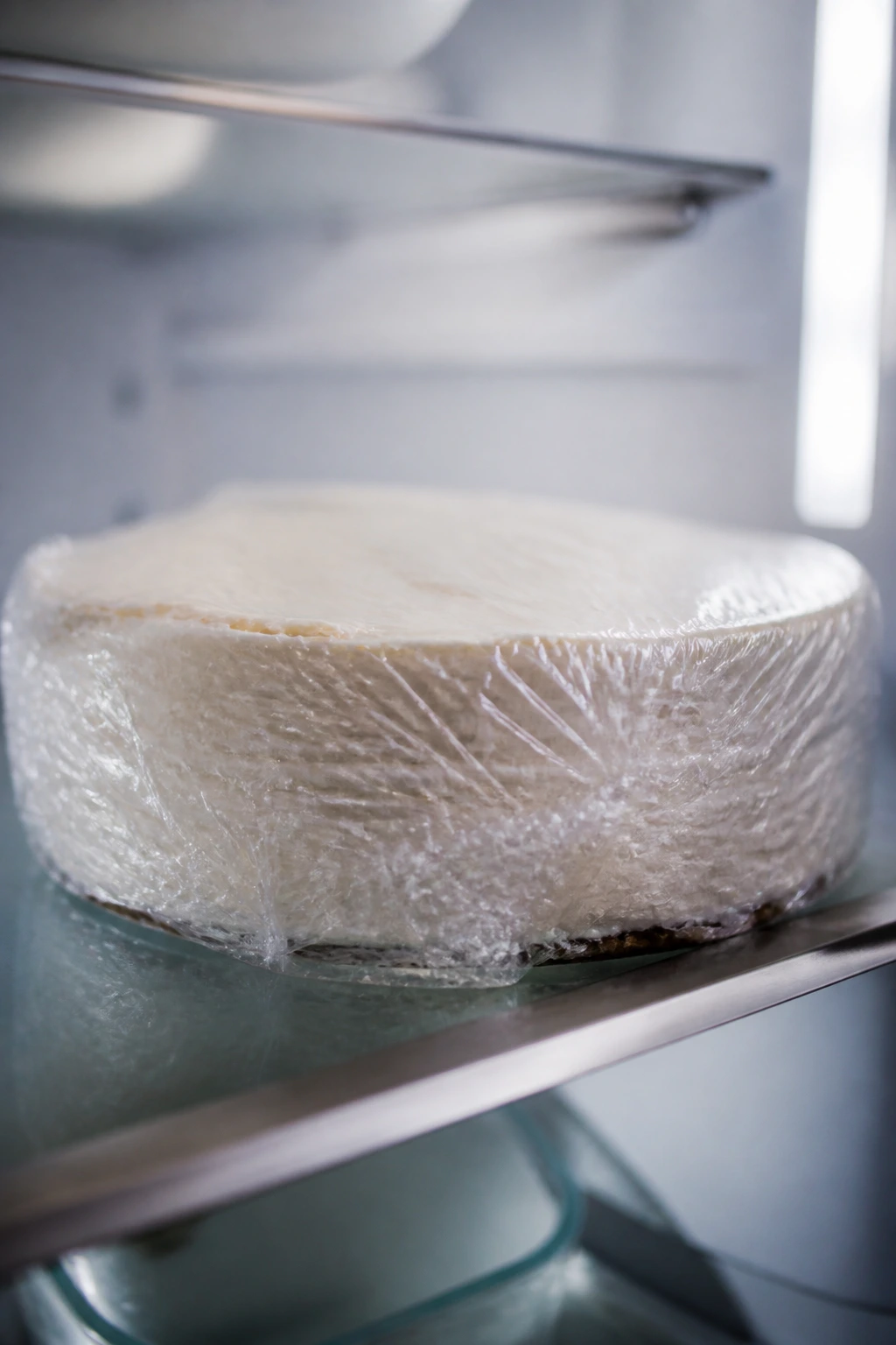 Wrapped cake layer on a fridge shelf, ready for make-ahead prep