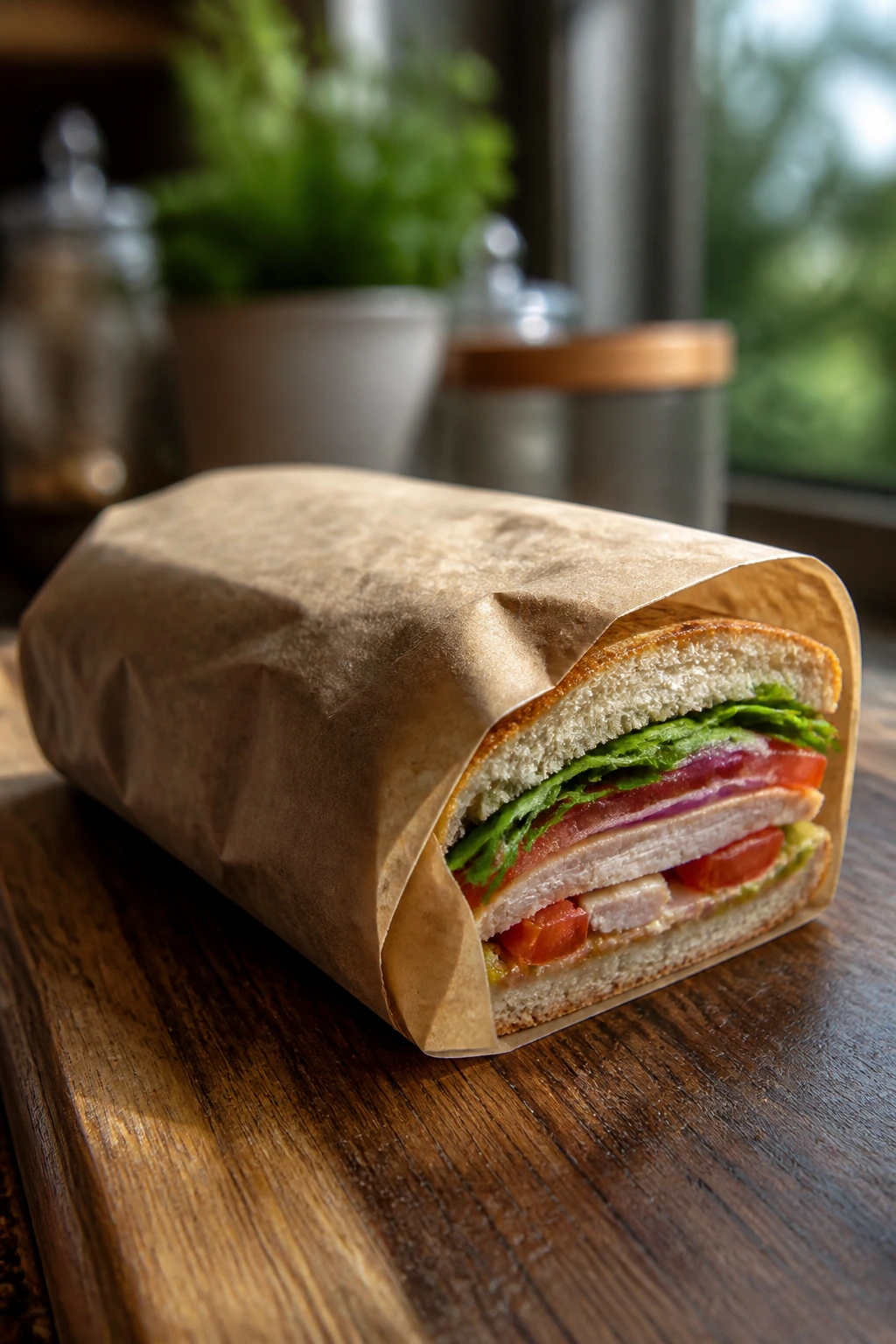 Wrapped sandwich on parchment ready for storage
