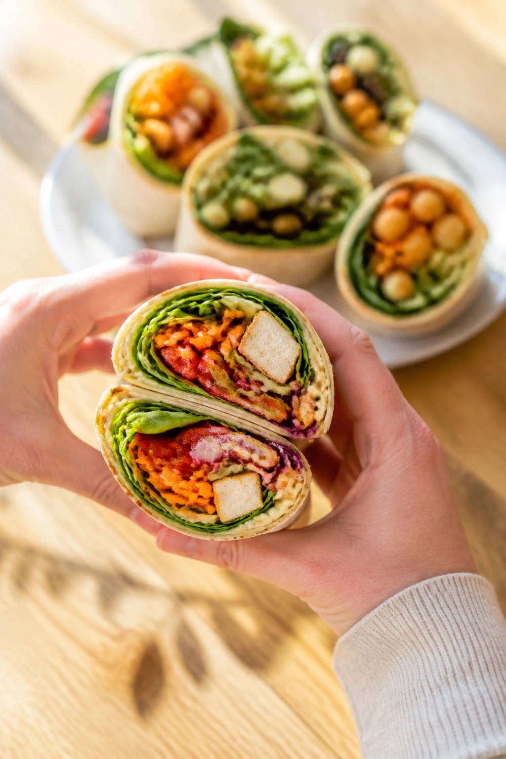 Hand presenting a vibrant wrap with more wraps blurred in the background