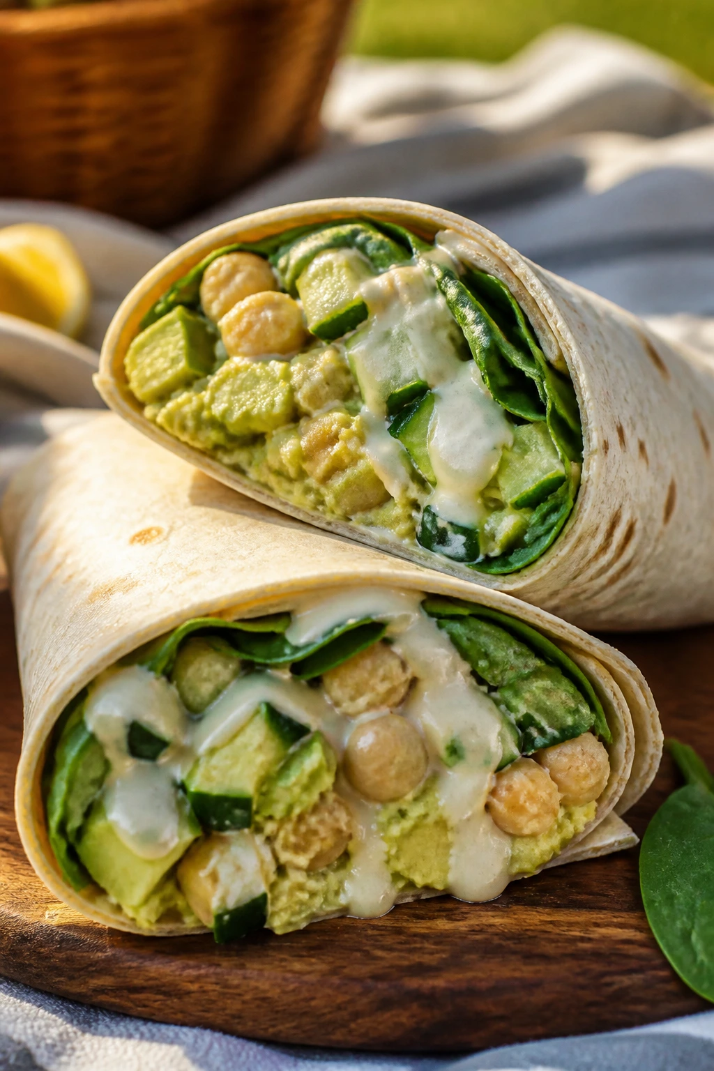 Close-up of avocado chickpea wraps with lemon tahini filling on a wooden board