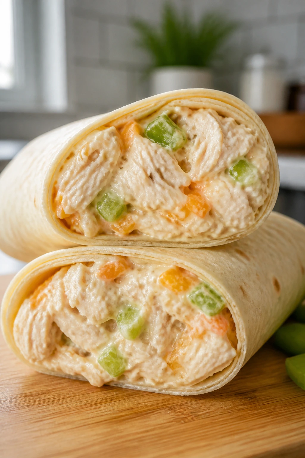 Close-up of creamy ranch chicken wrap filling on a wooden board