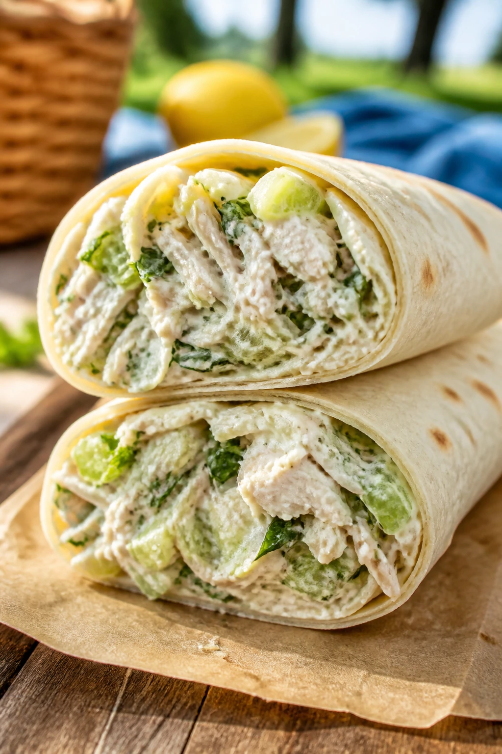 Close-up of a halved lemon herb chicken salad wrap showing the creamy filling
