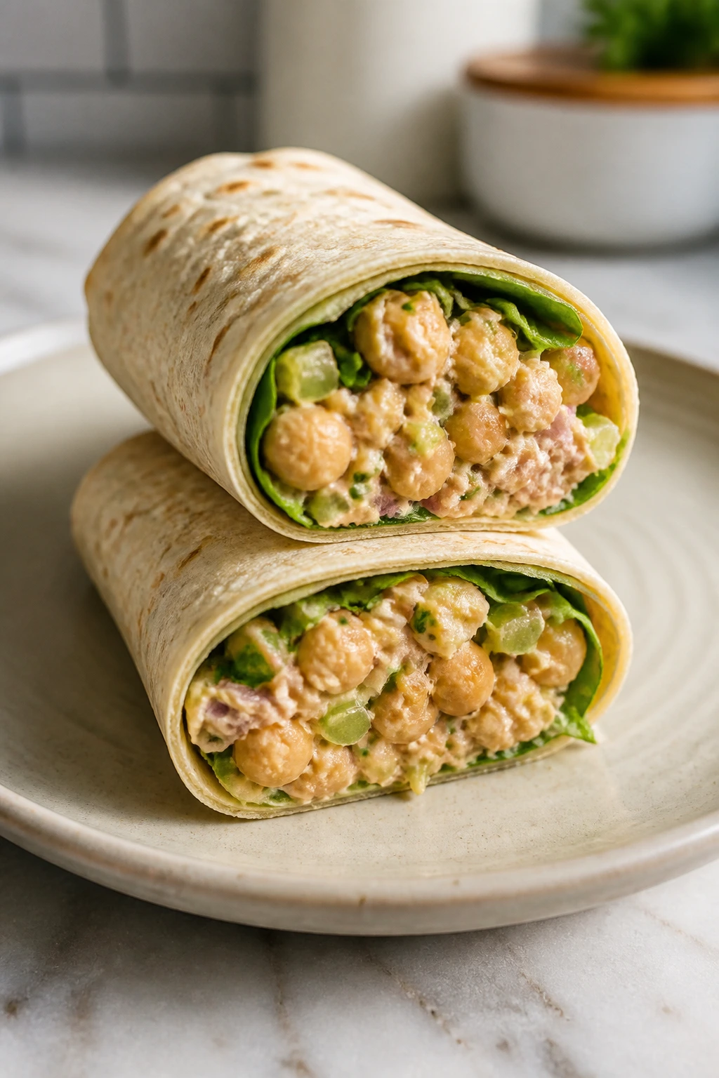 Cross-section of chickpea tuna wrap showing filling