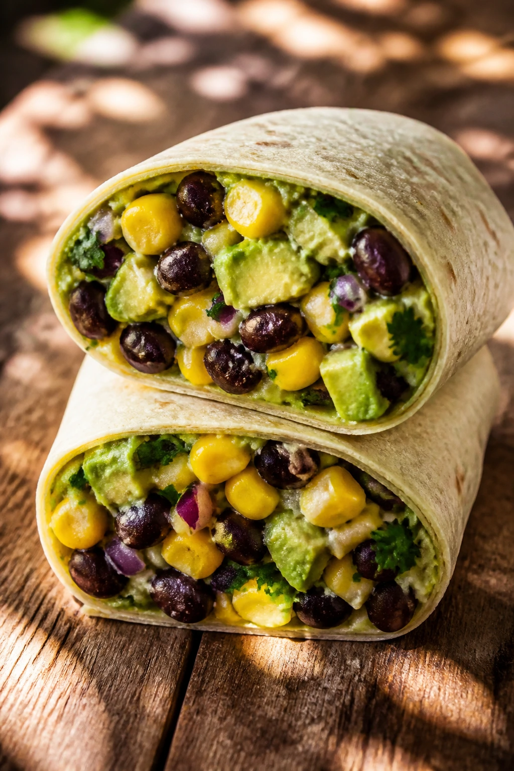 Close-up of a corn, black bean, and avocado wrap half on a wooden picnic table