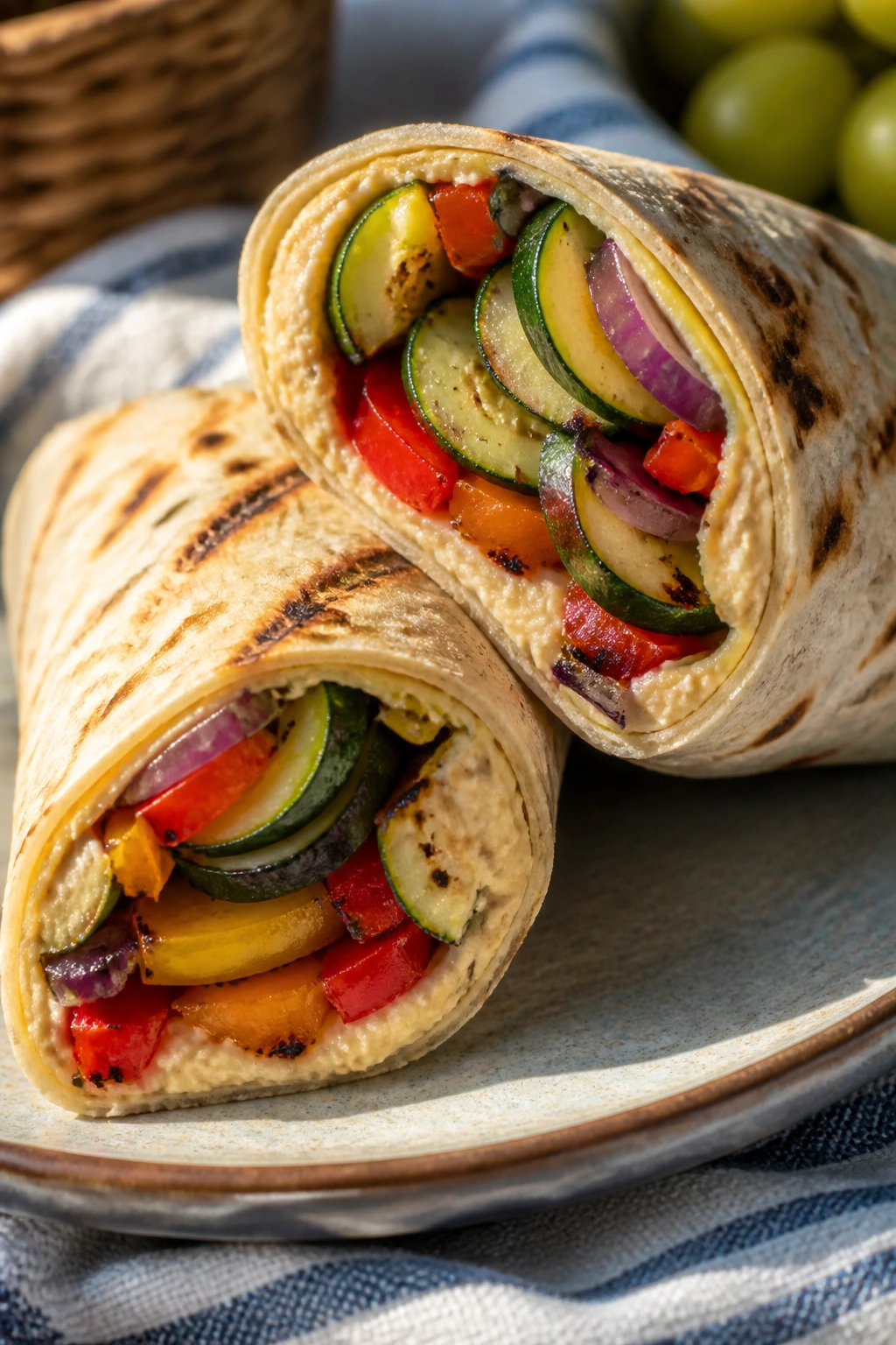 Grilled veggie and hummus wraps cut in half, showing colorful filling outdoors