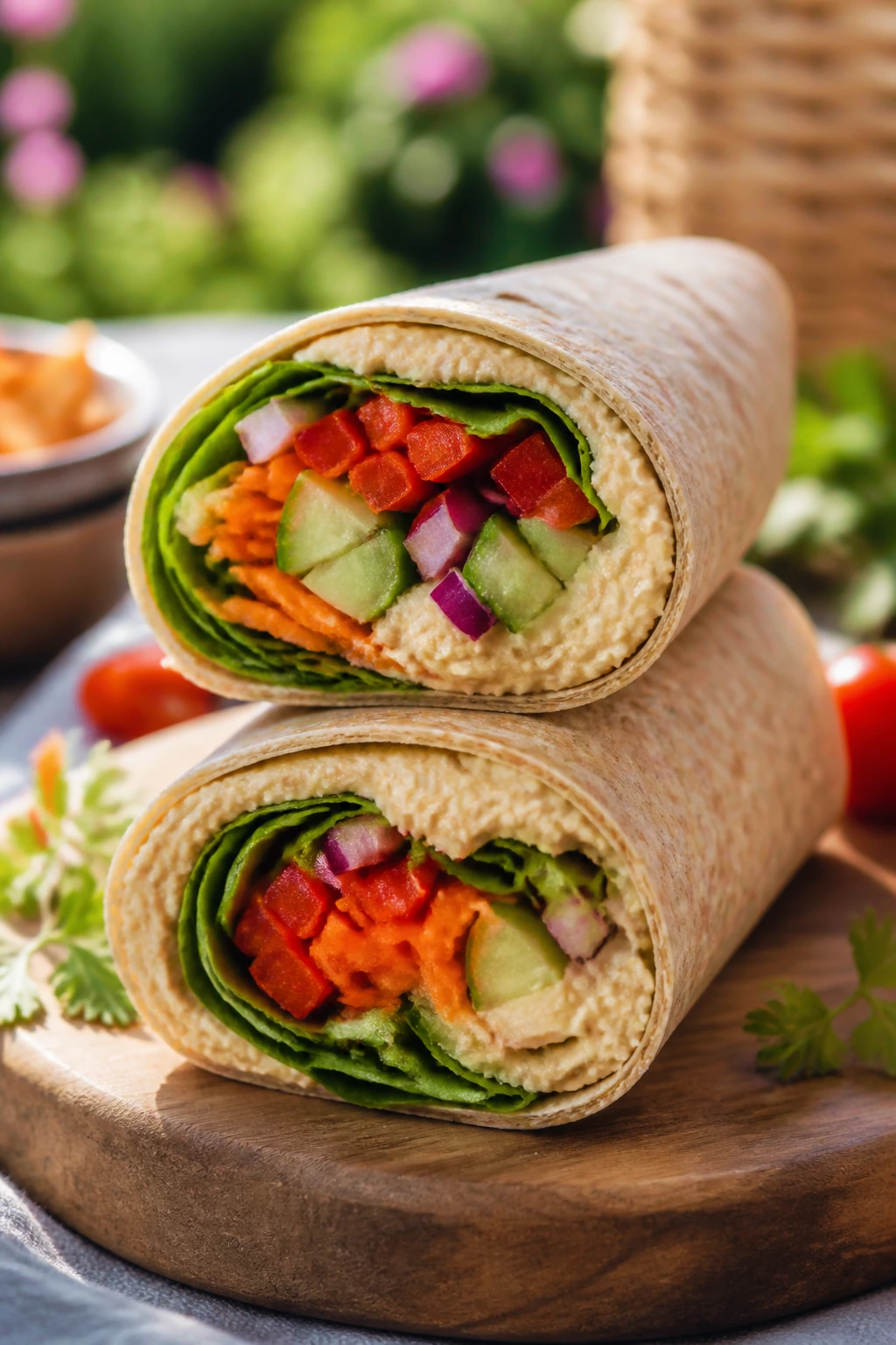 Hummus and veggie wraps sliced to show colorful fillings on a picnic board