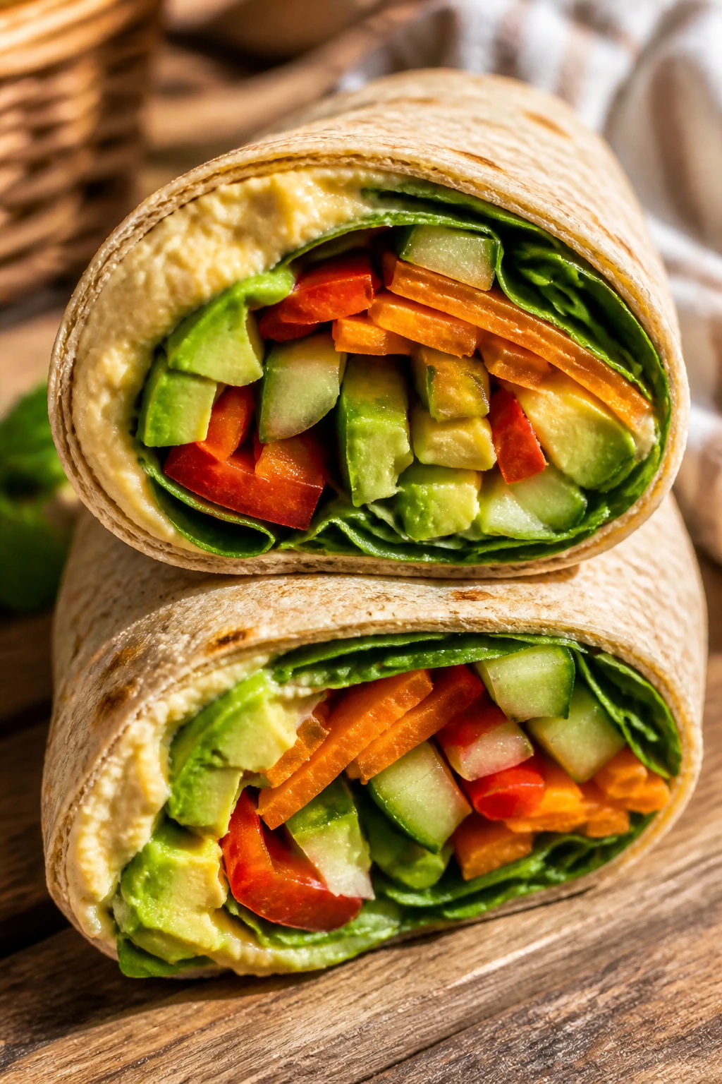 Close-up of hummus veggie wrap half-rolled showing veggies on a rustic picnic table