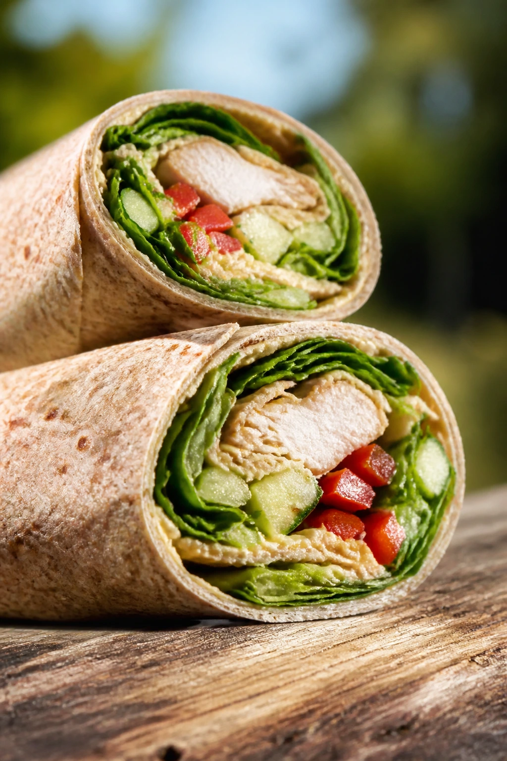 Close-up of a tightly rolled whole-wheat wrap showing greens inside.