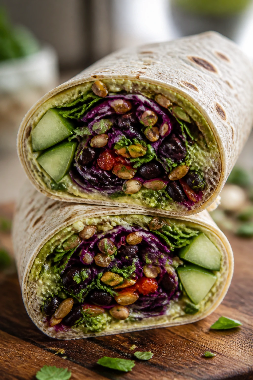 Close-up of a veggie wrap cut in half, revealing beans, cabbage, cucumber, and seeds on a wooden board