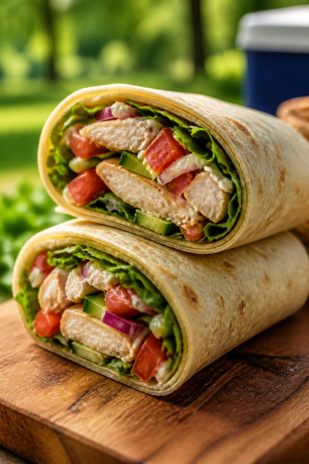 Close-up of a diagonal-cut tortilla wrap showing bright fillings, picnic-ready in outdoor setting