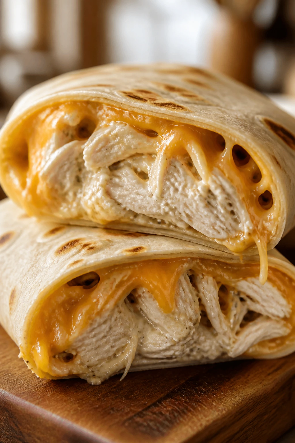 Close-up of ranch chicken wrap cross-section on wooden board