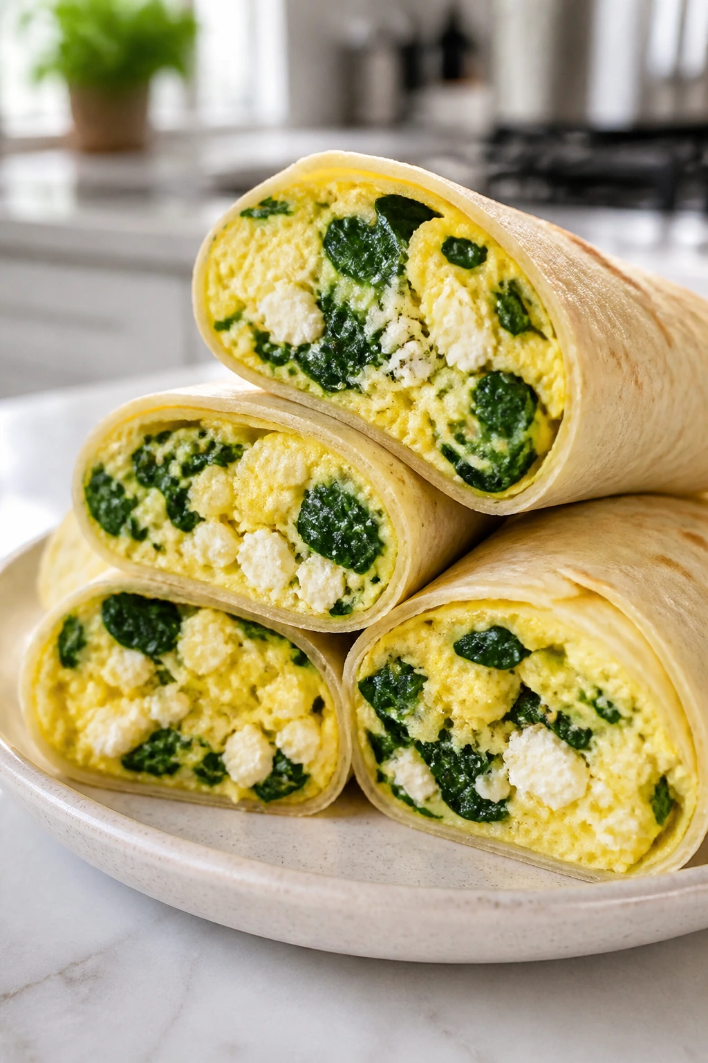 Close-up of spinach feta breakfast wraps on plate